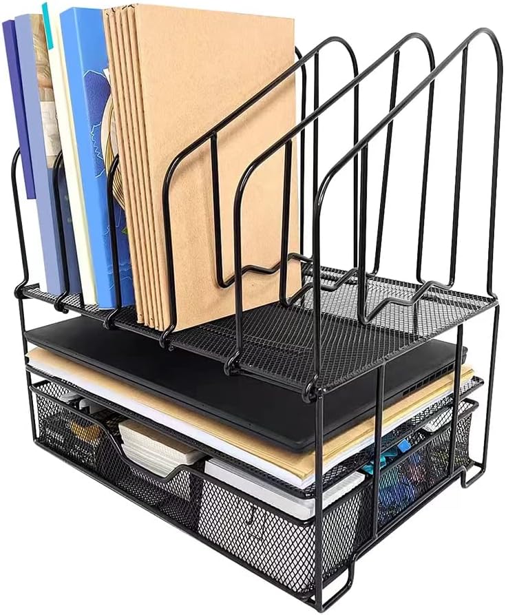Desk File Organizer with Drawer Anyyuk Office Supplies Organizer with Double Tray and 5 Upright File Folder Holders Sections Desktop Organizer for Workspace Home Office School, Black - Image 4